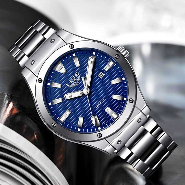 

watch men lige 2020 new fashion steel mens watches quartz clock male business waterproof dial sport chronograph, Slivery;brown
