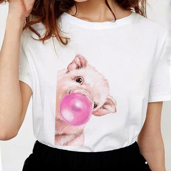 

harajuku summer female t shirt bubble gum french bulldog print aesthetic clothes graphic tee tshirt femme, White