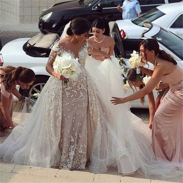 

lace long sleeve wedding dresses arabic dubai bridal gowns sheer neck mermaid vestido de novia long train robe de mariee, White