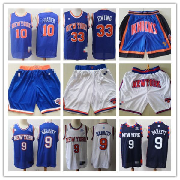 

mens new york knicks 33 patrick ewing 10 walt frazier 9 r.j. barrett basketball shorts basketball jerseys, Black;red