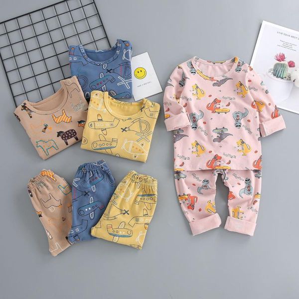 

cute children's autumn pajamas clothing set cartoon boys & girls sleepwear suits kids long sleeves + pants baby home clothes, White