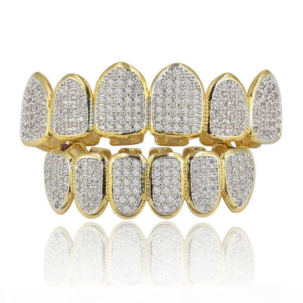 

hip hop grillz men women street fashion grade quality bling zirconia micro paved teeth braces luxury 18k gold plating copper dental grills, Black