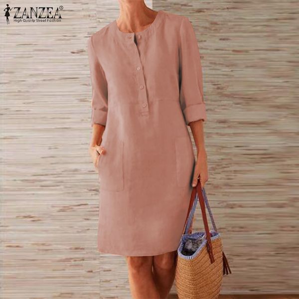 

plus size shirt dress zanzea 2020 elegant autumn women's casual sundress o neck long sleeve vestidos female button cotton robe, Black;gray