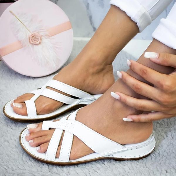 

sale solid color women slip on pu leather sandals open toe rome style summer flip flops flat sandals beach summer casual shoes, Black