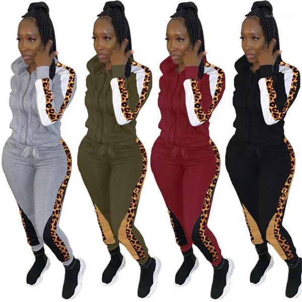 

с длинным рукавом с капюшоном pure color zipper женщин дизайнерские два брюки часть леопардовый осень womens костюмы зима, Gray