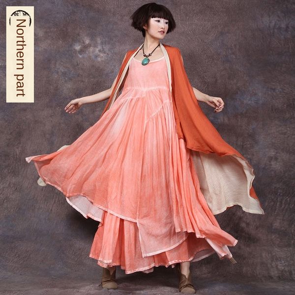 

northern tribe 2019 women's cotton linen clothing new artistic cotton and linen long sleeveless color matching outer belt, Tan;black