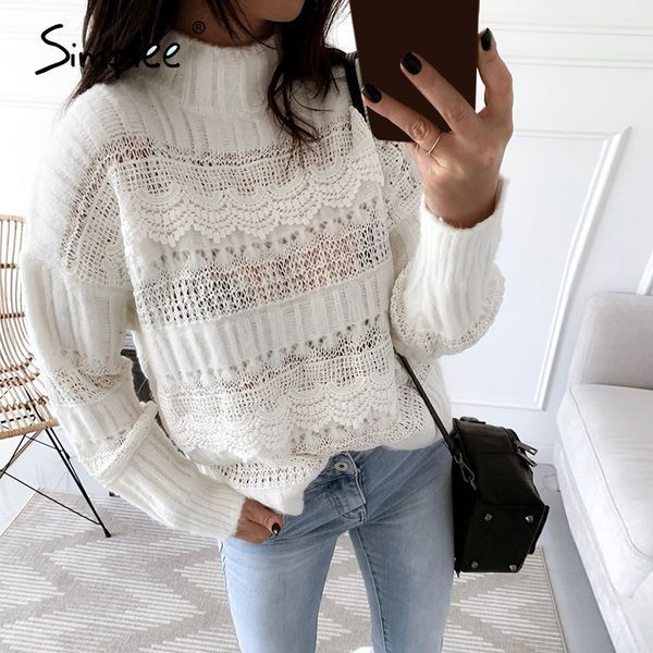 

simplee knitted hollow out sweater women drop-shoulder sleeve pullover loose high-necked white sweater autumn winter 2020, Black;gray