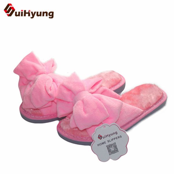 

new winter warm at home women's slippers comfortable soft plush indoor shoes with big bowknot female house skid slippers, Black