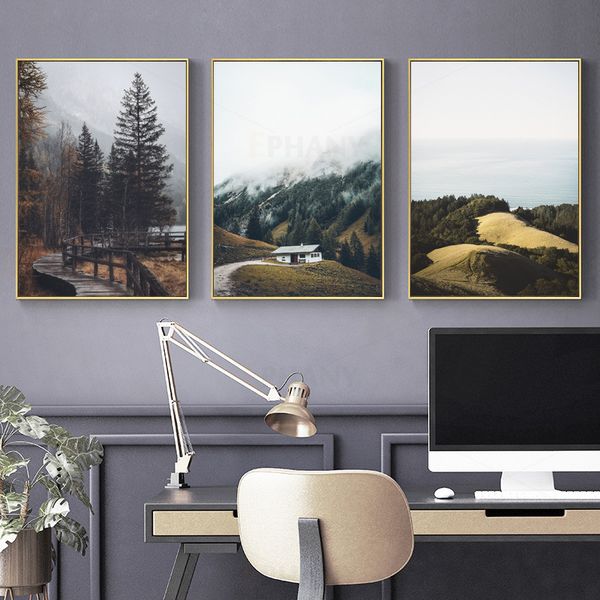 

mountain log cabin picture scandinavian wooden bridge poster nordic print nature scenery wall art canvas painting room decor
