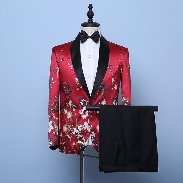 Neuer roter Anzug mit Blumenmuster für Herren, Bräutigam, Hochzeitsanzüge, Abendparty, Gastgeber, Bühnenkostüm, Bankett, Bräutigam, Smoking, formell (Blazer + Hose), 2-teilig