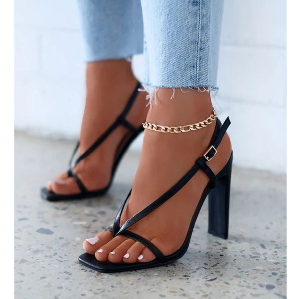 

plus size 35-41 new square toe flip flop women sandals open toe high heels buckle strap gladiator women summer sandals shoes, Black