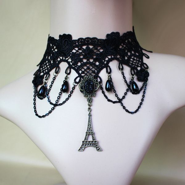 

2020 european and american new black lace handmade retro paris tower french style necklace foreign trade female jewelry wholesale, Silver