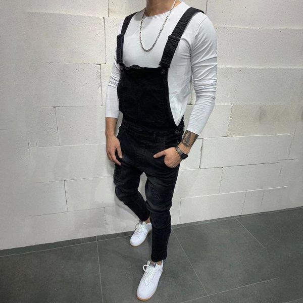 

black slim men's bib pants summer fashion jeans for cool men gentleman casual denim overalls male jumpsuit with pockets d30, Blue