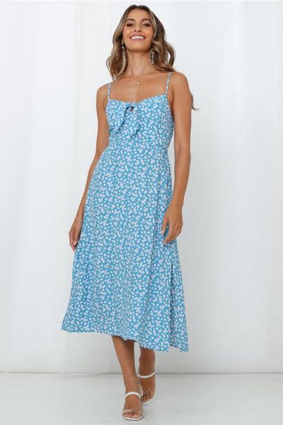 

summer sling printed mid-length dress, Black;gray