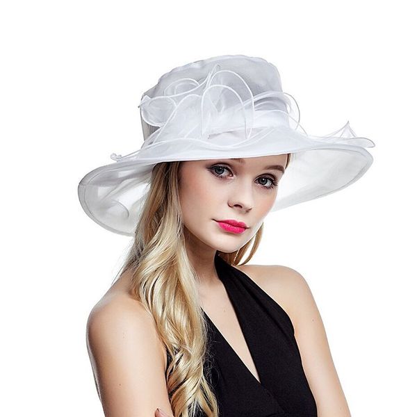 Lawliet White Hats Verão para as mulheres das senhoras Organza chapéu largo Floral Brim Sun Kentucky Partido Church Wedding Derby Cap A002 Y200619