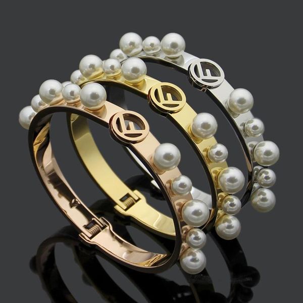 

2020 designer titanium steel jewelry hollow f letter size pearl spring opening bracelet women's fd pearl bracelet, Black