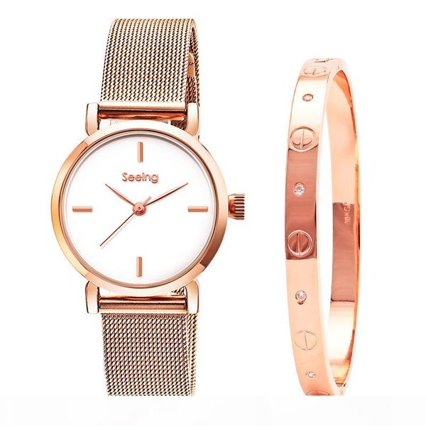 

2019 fashion gold lady wristwatch luxury simple women bangle watches casual stylish female gift clock watch gift set, Slivery;brown