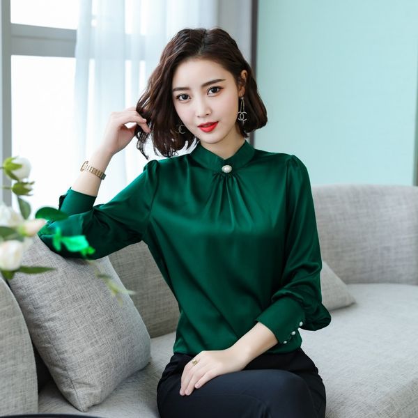 

2019 сезона смоделированной рубашки shirtniche рубашка атласной женской одежда западного стиль эластичной имитация шелк высоких холодной мод, White
