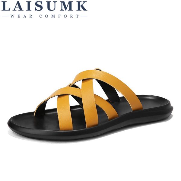

laisumk summer style casual beach shoes for men leather soft light non slip quality walking slippers, Black