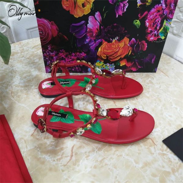 

ollymurs fashion style white red real leather women summer sandals crystal buckle ladies flat sandals casual beach shoes woman, Black