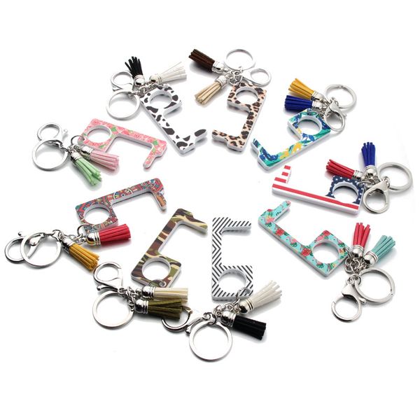 

acrylic keychain tool leather tassel pendant bag charm keyring non-contact edc door opener elevator button fashion car key chain ring holder, Slivery;golden