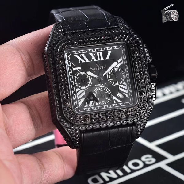 

classic new chronograph men satch sapphire full iced diamond case rose gold silver all black leather sport watch limit, Slivery;brown