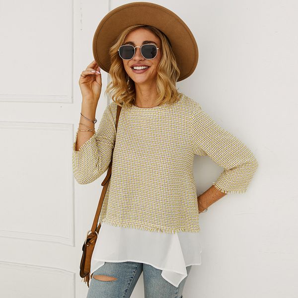 

2020 New women 3/4 sleeve plaid causal top for autumn