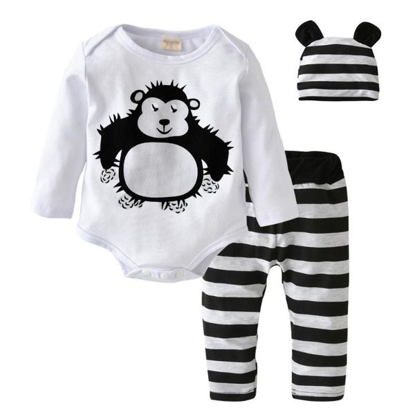 

newborn baby clothing set infant baby boy girl long sleeve cartoon orangutan rompers +pants+hat 3pcs casual clothes outfits, White