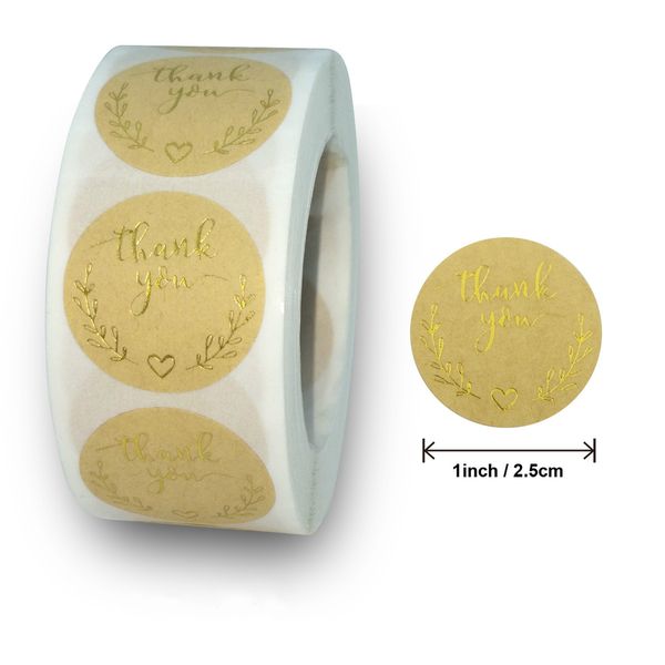 

500pcs/roll branch kraft paper thank you stickers gold stamp adhensive seal label tag wedding favor party business craft box gift card decor