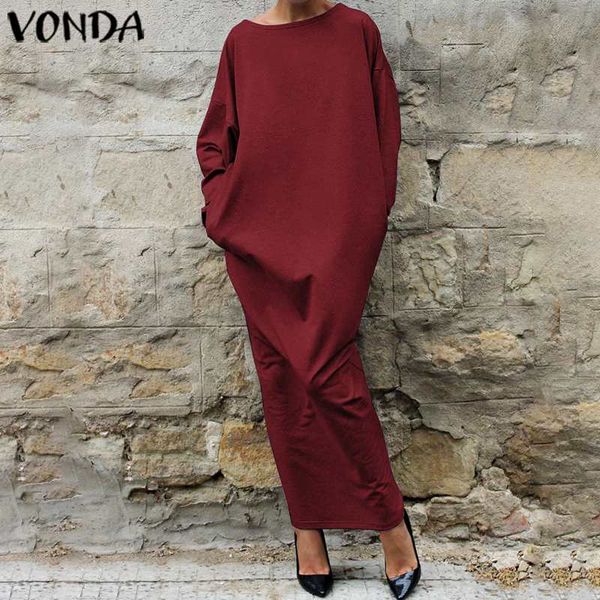 

winter autumn dress women pockets round neck long sleeve maxi dress vonda 2020 casual loose sweatshirt plus size party vestidos, Black;gray
