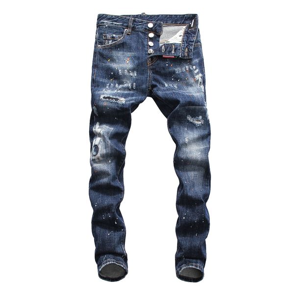 

ds new jeans male 38 yards four seasons personalized trousers splash ink wash white simple trend straight button placket pants, Blue