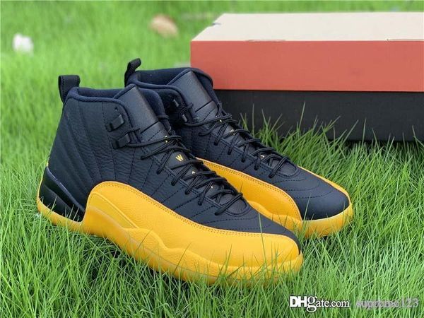 

relelase air authentic 12 pe university gold men basketball shoes black 12s real carbon fiber retro outdoor sneakers 130690-070 with box