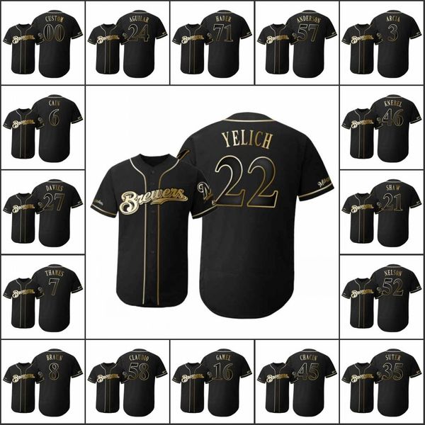 

milwaukeebrewers men #22 christian yelich 8 ryan braun 35 brent suter women youth golden edition black flex base custom jersey