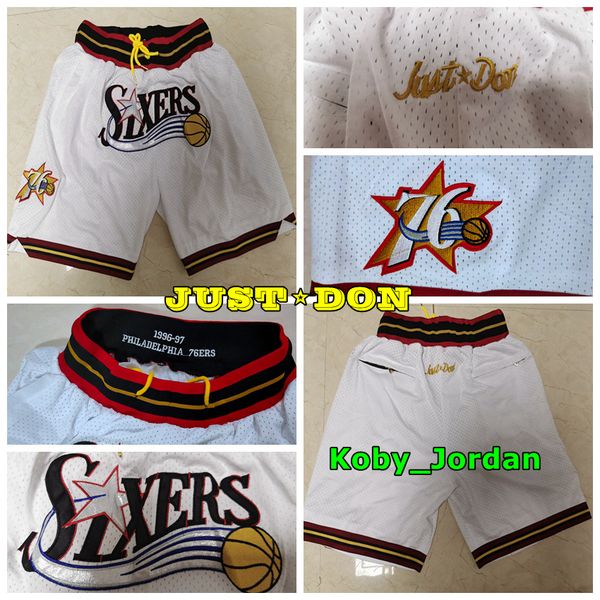 

mens just don pocket basketball shorts retro stitched 1996-97 white pocket philadelphia 76ers shorts lining mesh sports sweatpants, Black