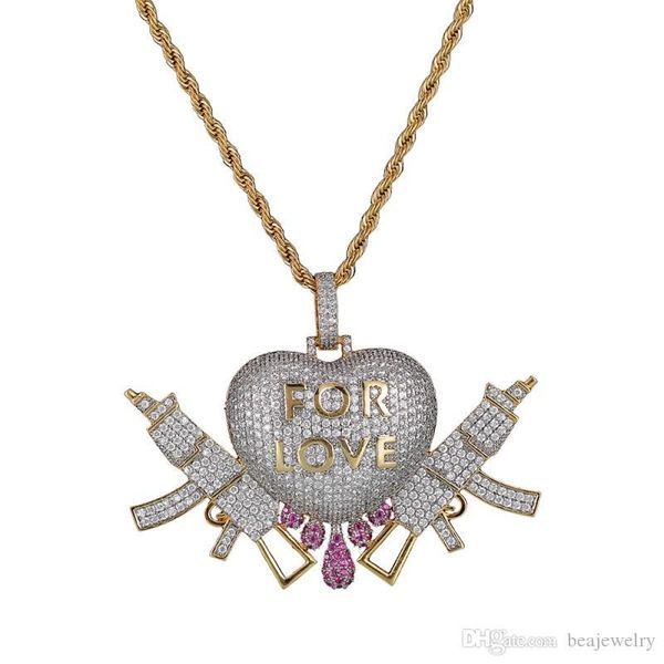 

heart drip gun for love iced out pendant necklace men with rope chain hip hop gold silver color jewelry