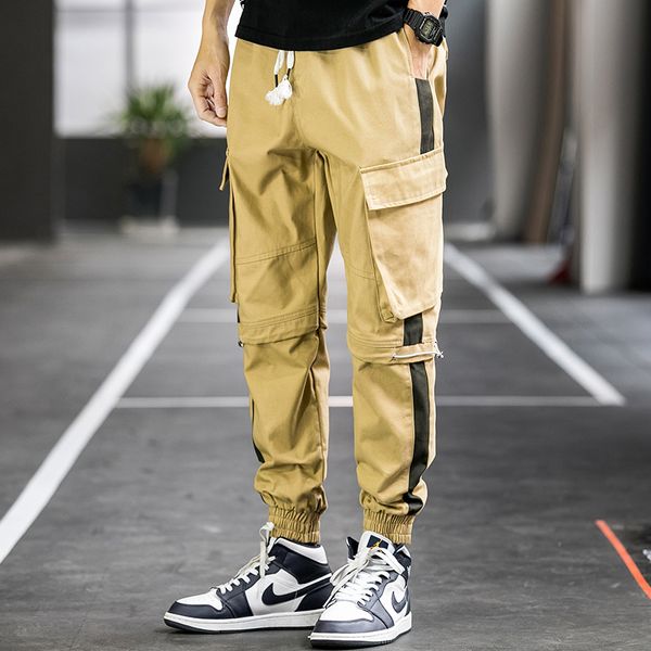 

cargo pant men 2020 spring autumn fashion pure cotton trouser male casual lightweight drawstring long pants mid harem pants hot, Black
