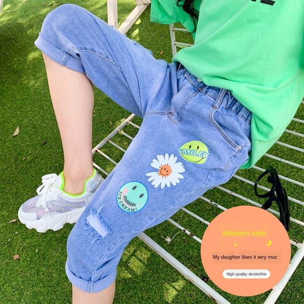 

93gns 2020 summer new girls korean style cropped medium and large children's jeans and jeans printed loose harlan comfortable slimming, Blue