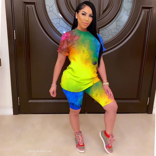 

women clothes set 2pcs tank shorts tie dye short sleeve cami high waist shorts sport suit two piece outfits, Gray