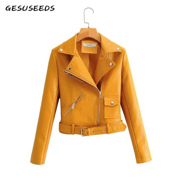 

women's leather & faux fashion pu jacket women long sleeve coat casual black turn down collar zipper belt yellow 2021