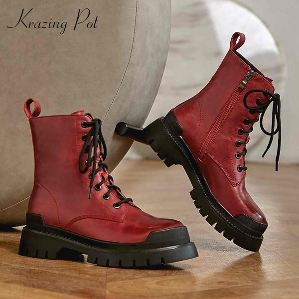 

krazing pot new western boots real leather mixed colors high square heel platform round toe zipper thick bottom ankle boots l72, Black