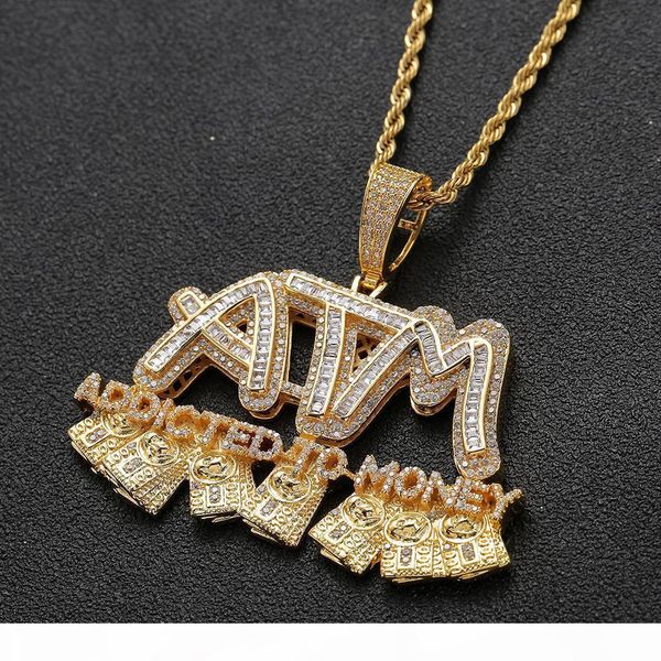 

iced out baguette atm letters pendant with rope chain gold silver bling zirconia men hiphop necklace jewelry