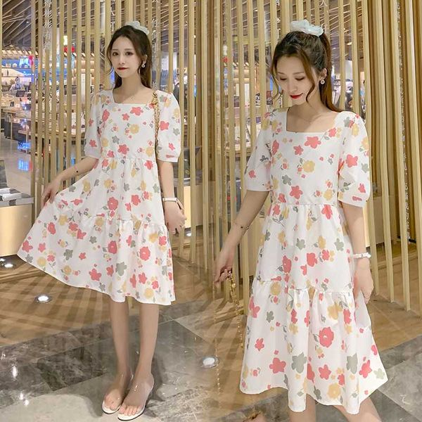 

091# maternity clothes summer chiffon short sleeve loose stylish floral dress for pregnant women pregnancy clothes, White