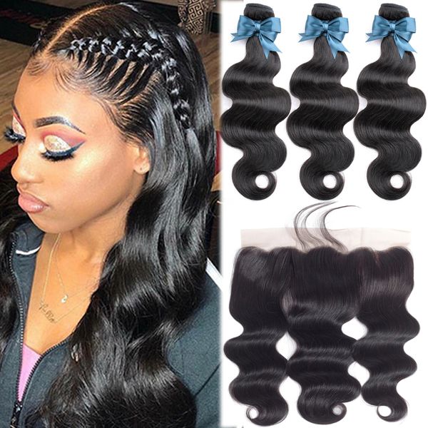 

new malaysia body wave human hair bundles with frontal transparent lace frontal 13x4 lace closure with bundles pre-plucked baby hair, Black