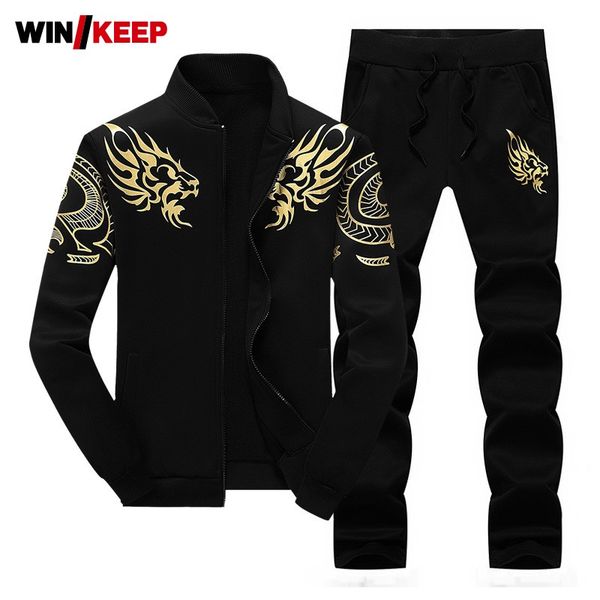 

autumn mens printed stand collar long sleeve two piece sport suit outdoor jogging set sweatpants running tracksuit uniform, Black;blue