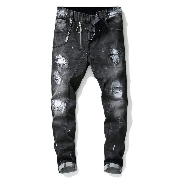 

men's badge torn stretch black jeans fashion slim washed motorcycle jeans paneled hip hop trousers mens jeans designer pants, Blue