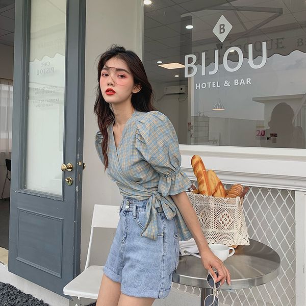 

with enjun] a282 korean short-sleeved cardigan cross strap plaid all-match shirt for shirt lantern lantern women, White