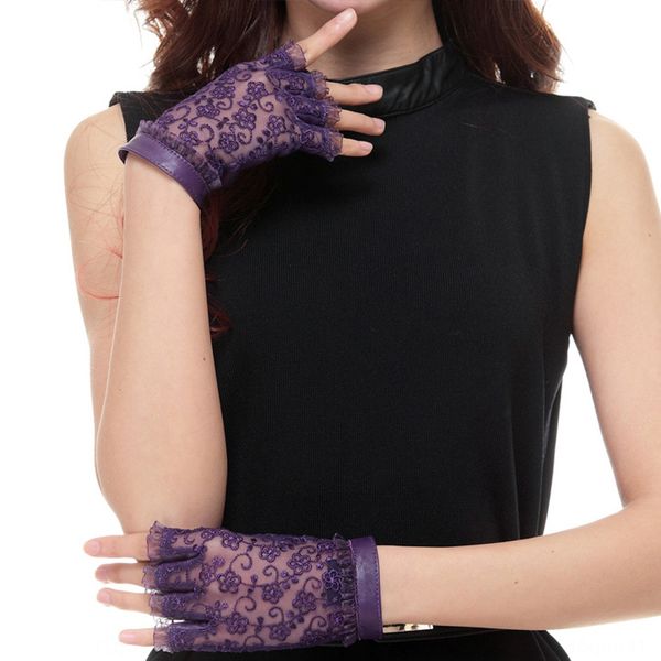 

new half finger leather gloves sheepskin motorcycle lace driving women's short motorcycle korean style street dance half lace cyw022, Black