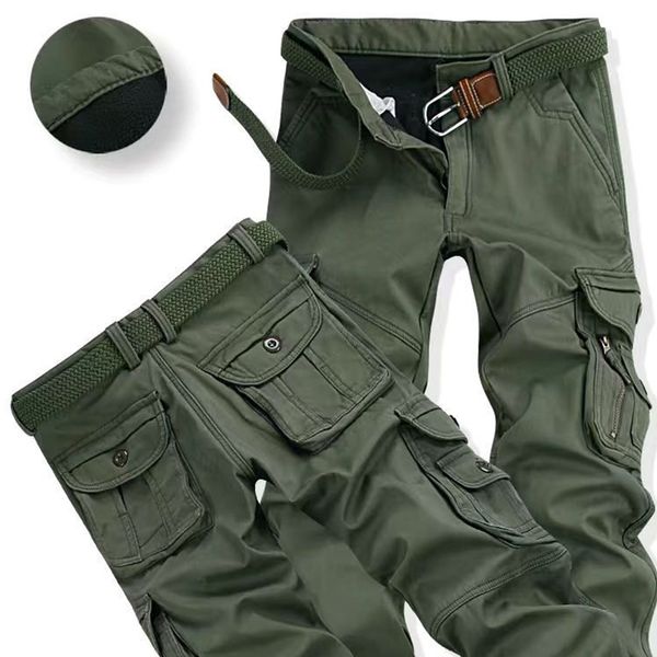 

mens winter pants thick warm cargo pants casual fleece pockets fur trouser plus size 28-40 fashion loose baggy joger worker male, Black