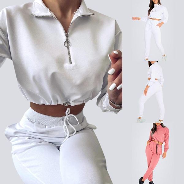 

2020 winter solid color ladies two piece sportwear long sleeve zipper exposed navel high waist pants female fashion clothes, White;black