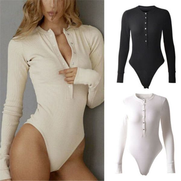 

womenÂ´s long sleeve rompers jumpsuit solid bodysuit female casual button round neck slim stretch leotard autumn clothes, Black;white